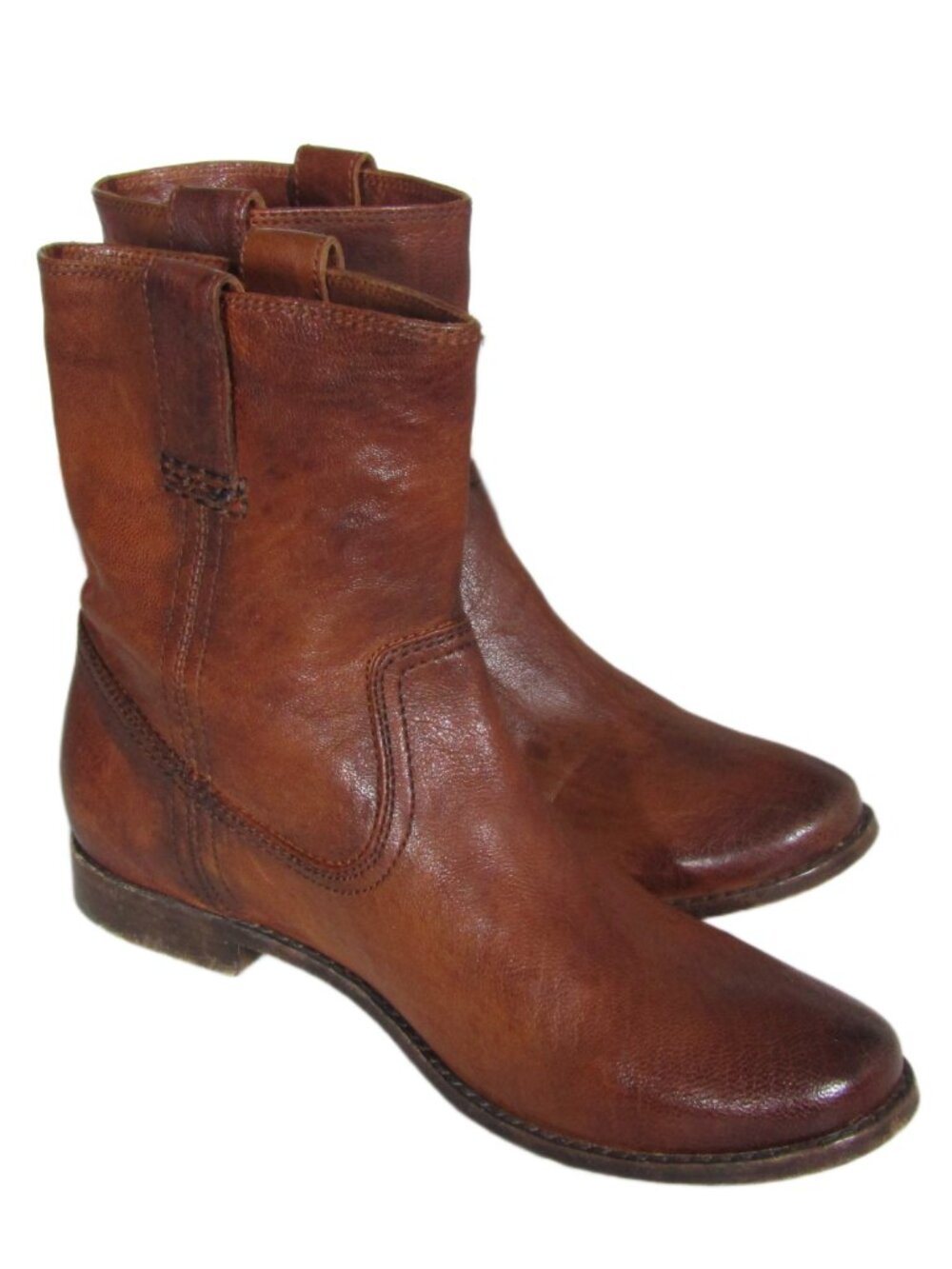 FRYE Anna Shortie Leather Ankle Boots Cognac Brown Pull On Western Boho 7.5 M